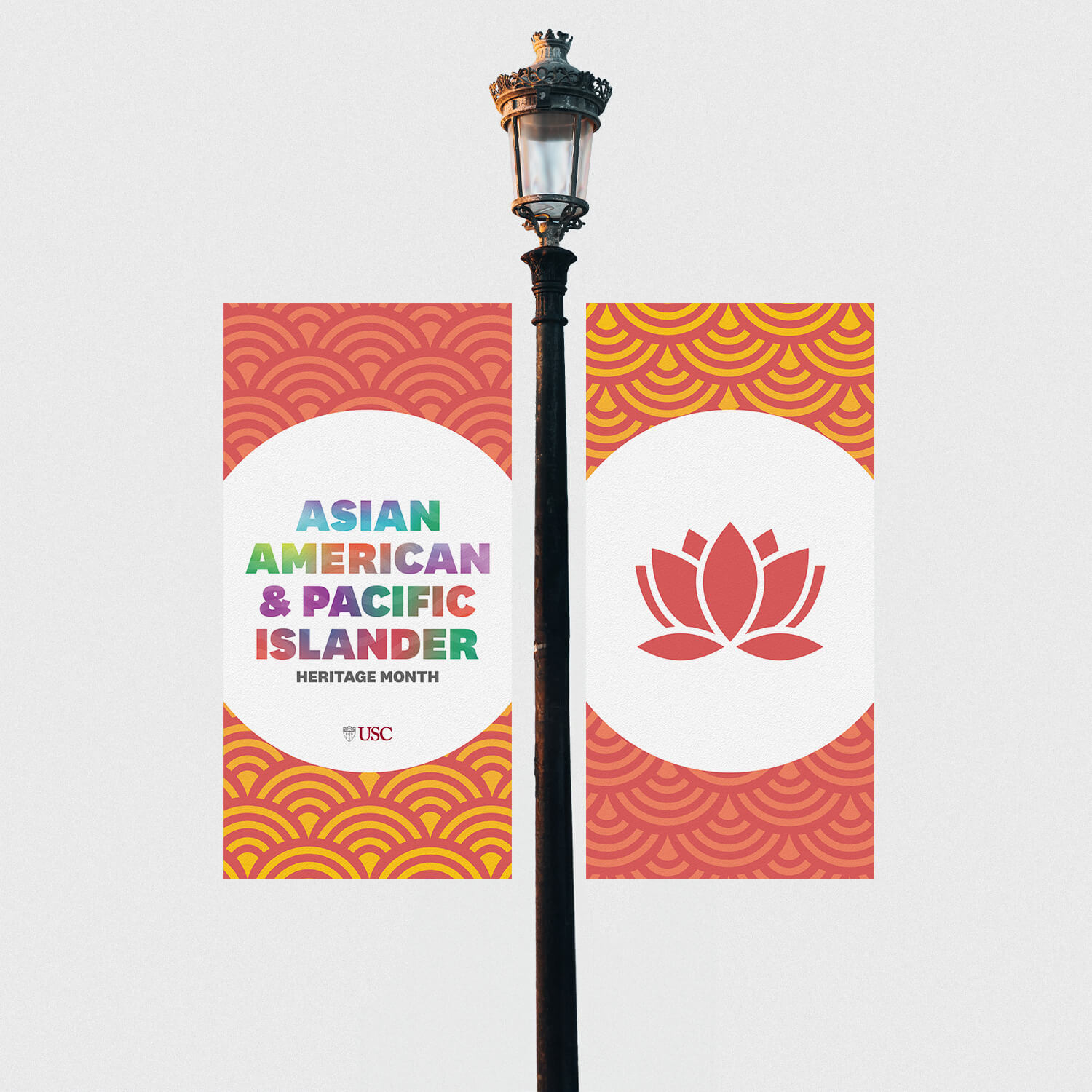 Mock-up version 5 of AAPI-themed USC Trousdale Banner, celebrating Asian American and Pacific Islander heritage.