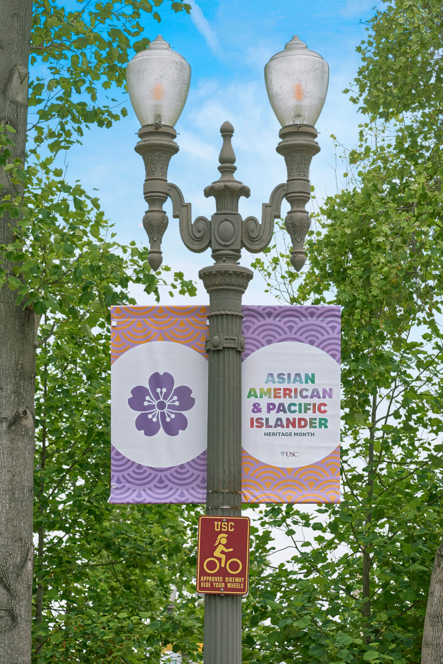 Photograph of USC Trousdale Banners adorned with AAPI graphics, showcasing Asian American and Pacific Islander heritage.