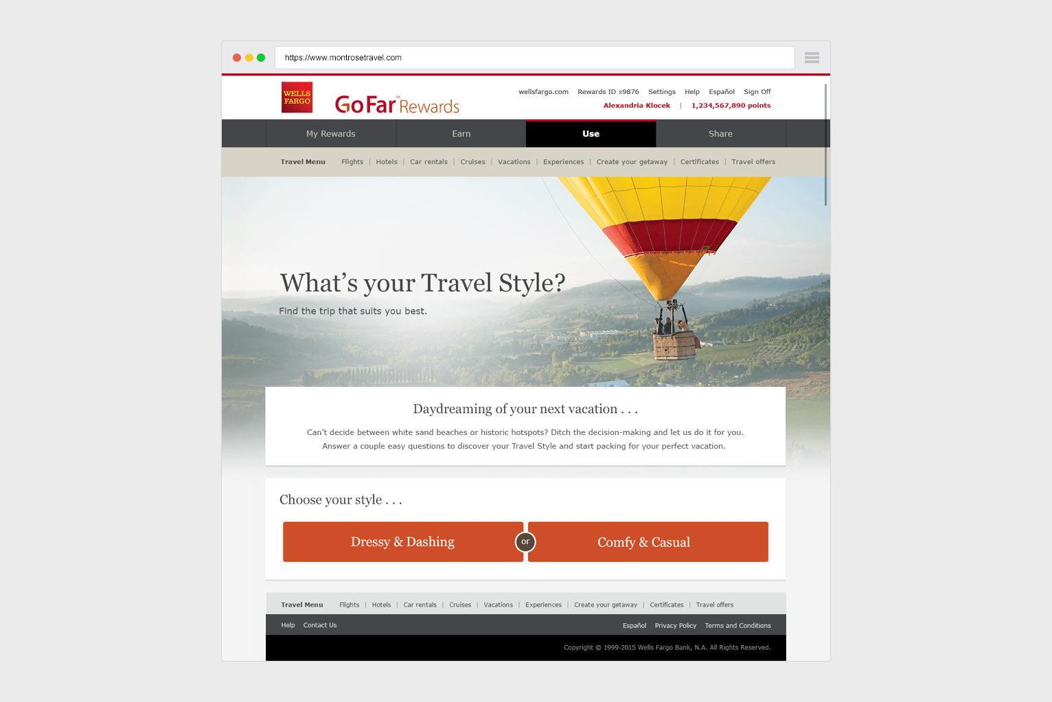 Wells Fargo Landing Page for What's your Travel Style campaign